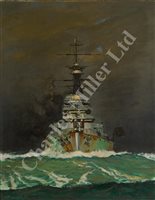 Lot 91 - δ CECIL WYND, AFTER CHARLES PEARS (BRITISH, 20TH CENTURY) - H.M.S. 'Revenge' coming out of a squall