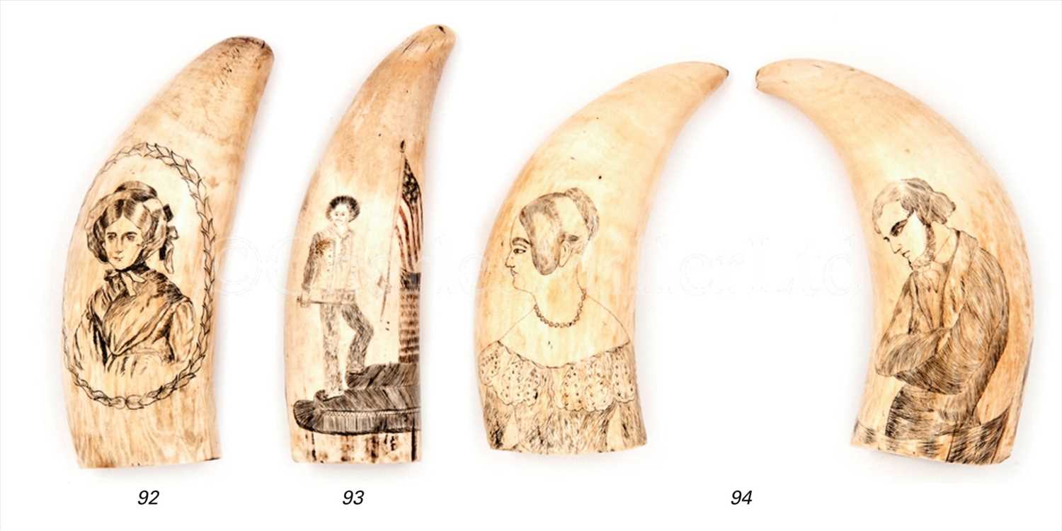 Lot 93 - A 19TH-CENTURY SCRIMSHAW-DECORATED WHALE'S...