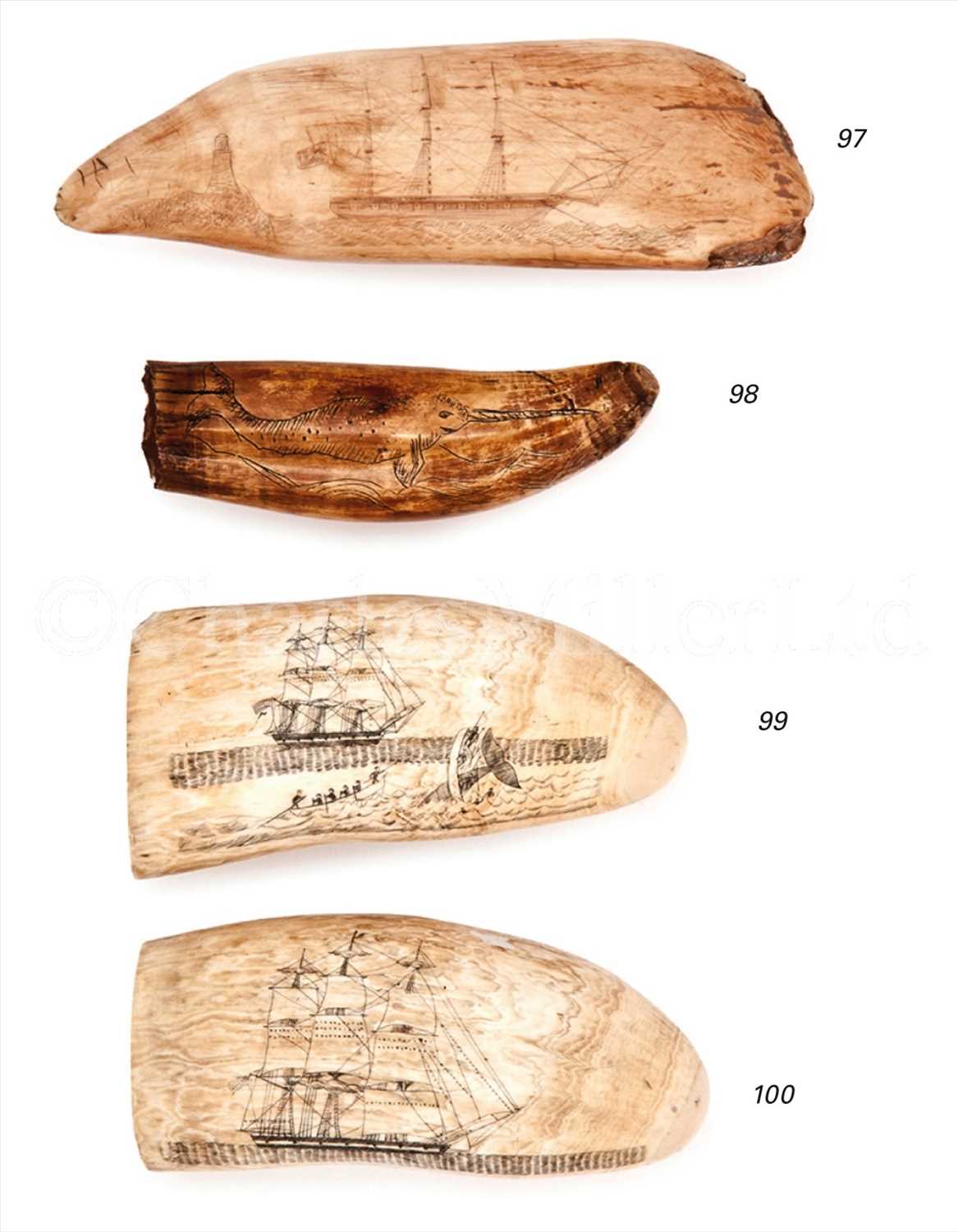Lot 98 - AN UNUSUAL SCRIMSHAW-DECORATED WHALE'S...