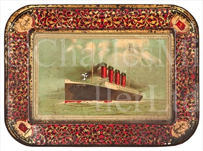 Lot 110 - A SOUVENIR TOLEWARE TRAY FROM THE R.M.S....