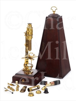 Lot 199 - A FINE LACQUERED-BRASS COMPOUND MICROSCOPE BY...