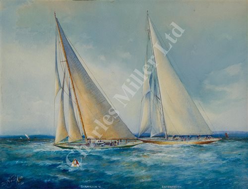 Lot 33 - δ WILLIAM E. POWELL (BRITISH, 1878-1955) - The J-Class yachts 'Shamrock V' and 'Enterprise' racing off Cowes