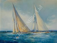 Lot 33 - δ WILLIAM E. POWELL (BRITISH, 1878-1955) - The J-Class yachts 'Shamrock V' and 'Enterprise' racing off Cowes