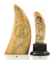 Lot 87 - Ø A LATE 19TH CENTURY CARVED AND SCRIMSHAWED WHALE'S TOOTH