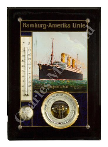 Lot 130 - A RARE HAMBURG-AMERIKA LINE TRAVEL AGENTS ADVERTISING BAROMETER / THERMOMETER / HYGROMETER FOR THE S.S. 'IMPERATOR', CIRCA 1912