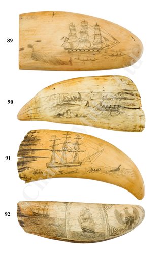 Lot 89 - Ø A MID-19TH CENTURY SAILORWORK SCRIMSHAW DECORATED WHALE'S TOOTH