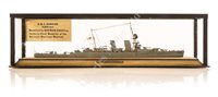 Lot 269 - A RARE 1IN:32FT SCALE WATERLINE MODEL OF H.M.S. HAWKINS MODELLED BY NORMAN OUGH, 1926
