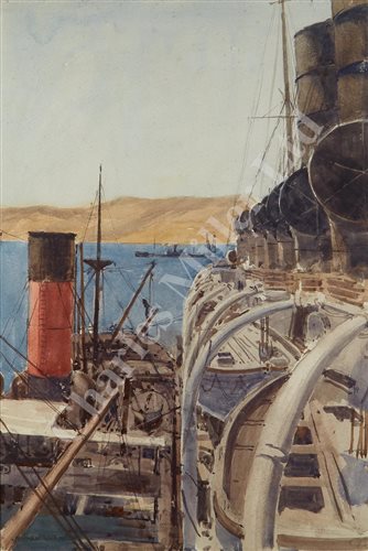 Lot 11 - δ NORMAN WILKINSON (BRITISH, 1878-1971) - R.M.S. 'Mauretania' Rafted Up To A Transport, Off The Coast Of Gallipoli, 1915