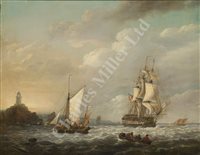 Lot 18 - THOMAS LUNY (ENGLISH, 1759–1837) - 74-gun ship in company with a Truro fishing smack, off the Longships Lighthouse and Land's End, Cornwall