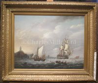 Lot 18 - THOMAS LUNY (ENGLISH, 1759–1837) - 74-gun ship in company with a Truro fishing smack, off the Longships Lighthouse and Land's End, Cornwall