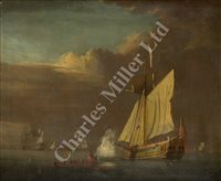 Lot 15 - ATTRIBUTED TO PETER MONAMY (ENGLISH, 1681-1749) - An Admiralty yacht saluting the departure of a visiting captain, with warships becalmed beyond