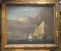Lot 15 - ATTRIBUTED TO PETER MONAMY (ENGLISH, 1681-1749) - An Admiralty yacht saluting the departure of a visiting captain, with warships becalmed beyond