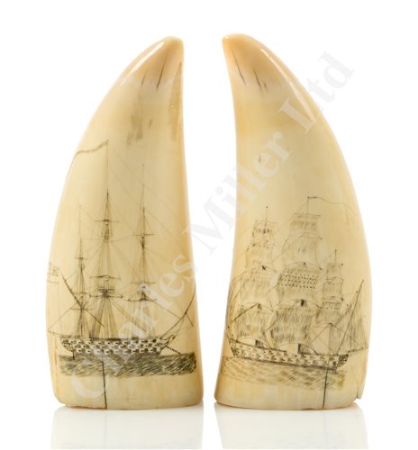 Lot 85 - Ø AN ATTRACTIVE PAIR OF SAILOR'S SCRIMSHAW DECORATED WHALE'S TEETH, CIRCA 1840