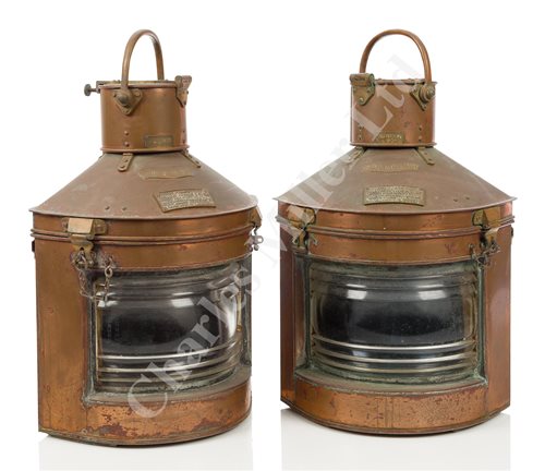 Lot 156 - A PAIR OF EARLY 20TH CENTURY COPPER AND BRASS PORT AND STARBOARD LANTERNS