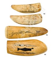 Lot 93 - Ø TWO SAILOR’S SCRIMSHAW DECORATED WHALE’S TEETH, FIRST-HALF 19TH CENTURY