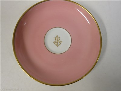 Lot 55 - HAMBURG-AMERICAN (H.A.P.A.G.) LINE: A PINK PORCELAIN COFFEE CUP AND SAUCER BY FÜRSTENBERG, GERMANY, CIRCA 1950