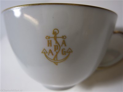 Lot 57 - HAMBURG-AMERICAN (H.A.P.A.G.) LINE: A PALE BLUE PORCELAIN COFFEE CUP AND SAUCER BY FÜRSTENBERG, GERMANY, CIRCA 1950
