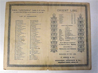 Lot 78 - ORIENT LINE: PASSENGER LIST FOR THE R.M.S. LUSITANIA, 14TH AUGUST 1891