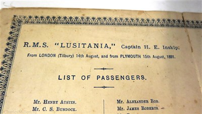 Lot 78 - ORIENT LINE: PASSENGER LIST FOR THE R.M.S. LUSITANIA, 14TH AUGUST 1891