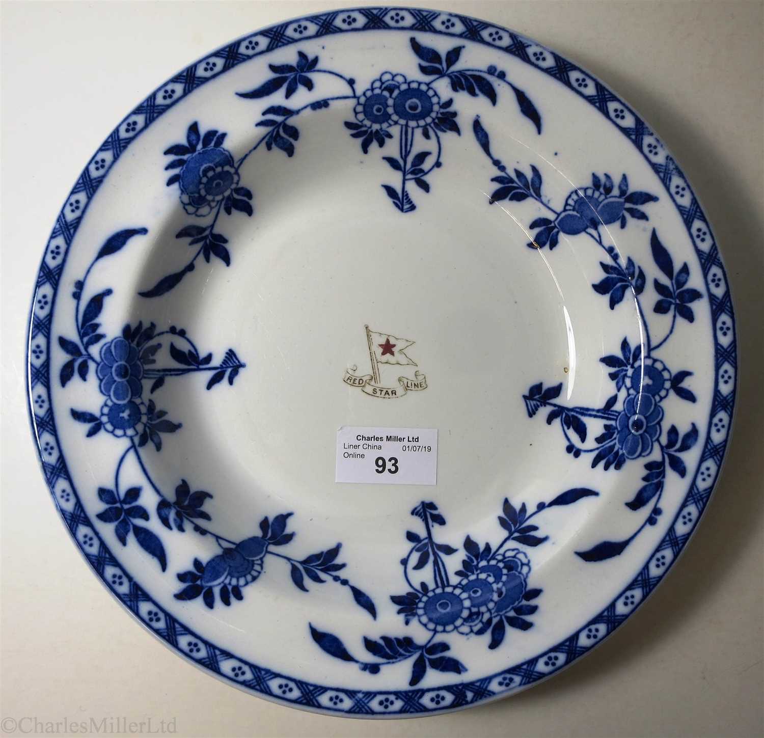 Lot 93 - RED STAR LINE: A SECOND-CLASS CHINA ‘BLUE DELFT’ PATTERN SOUP PLATE BY MINTON, ENGLAND, 1920-1951