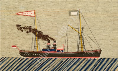 Lot 132 - A LATE 19TH/EARLY 20TH CENTURY SAILOR'S WOOLWORK PICTURE OF THE STEAM SHIP R. LILY