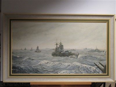 Lot 108 - δ DOUGLAS H. CHAFFEY (BRITISH, B. 1924), Invasion of Sicily with 'Rodney' in the foreground, 1942