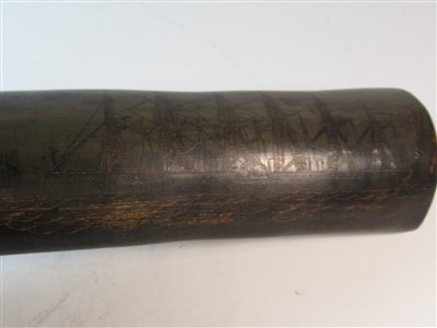 Lot 136 - AN UNUSUAL SCRIMSHAW DECORATED COW HORN BY CHARLES WOOD, CIRCA 1860