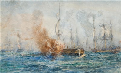 Lot 71 - ATTRIBUTED WILLIAM LIONEL WYLLIE (BRITISH, 1851-1931) A Napoleonic Naval Engagement