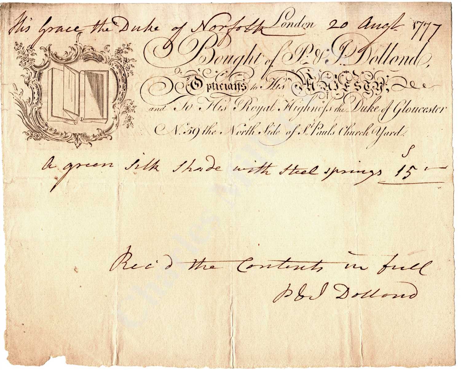 Lot 277 - A RARE AUTOGRAPHED BILL OF SALE BY JESSE RAMSDEN, 1772