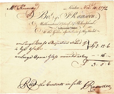 Lot 278 - A RARE AUTOGRAPHED BILL OF SALE BY JESSE RAMSDEN, 1772