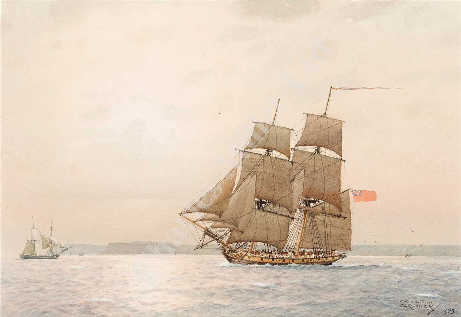 Lot 42 - δ DEREK GEORGE MONTAGUE GARDNER (BRITISH, 1914-2007) Cruising off the Cornish coast, circa 1805
