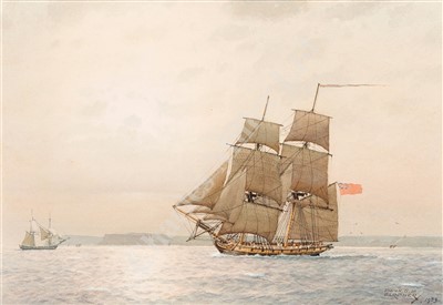 Lot 42 - δ DEREK GEORGE MONTAGUE GARDNER (BRITISH, 1914-2007) Cruising off the Cornish coast, circa 1805