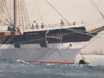 Lot 22 - δ WILLIAM M BALL (BRITISH, 1923-2008) The barque 'Harbinger' at anchor