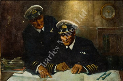Lot 113 - FOLLOWER OF TERENCE CUNEO (BRITISH, 1907-1996) Captain 'Johnnie' Walker R.N. studying charts during the Battle of the Atlantic