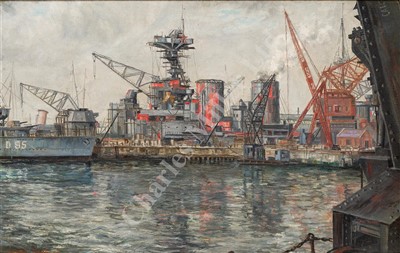 Lot 111 - δ CAVENDISH MORTON (BRITISH, 1911-2010) H.M.S. 'Hood' being refitted before her action with 'Bismarck', and H.M.S. 'Woolston' to the left