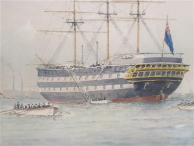 Lot 82 - δ ERIC TUFNELL (BRITISH, 1888-1978) H.M.Training Ship 'Worcester' at anchor, Greenhithe