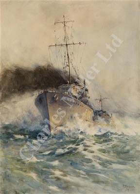Lot 93 - ARTHUR BRISCOE (BRITISH, 1873-1943) The Destroyer H.M.S. 'Ursula' (F01) at full speed