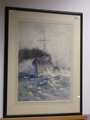Lot 93 - ARTHUR BRISCOE (BRITISH, 1873-1943) The Destroyer H.M.S. 'Ursula' (F01) at full speed