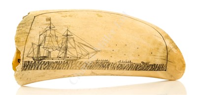 Lot 144 - Ø A MID-19TH CENTURY SAILOR DECORATED SCRIMSHAW WHALE'S TOOTH