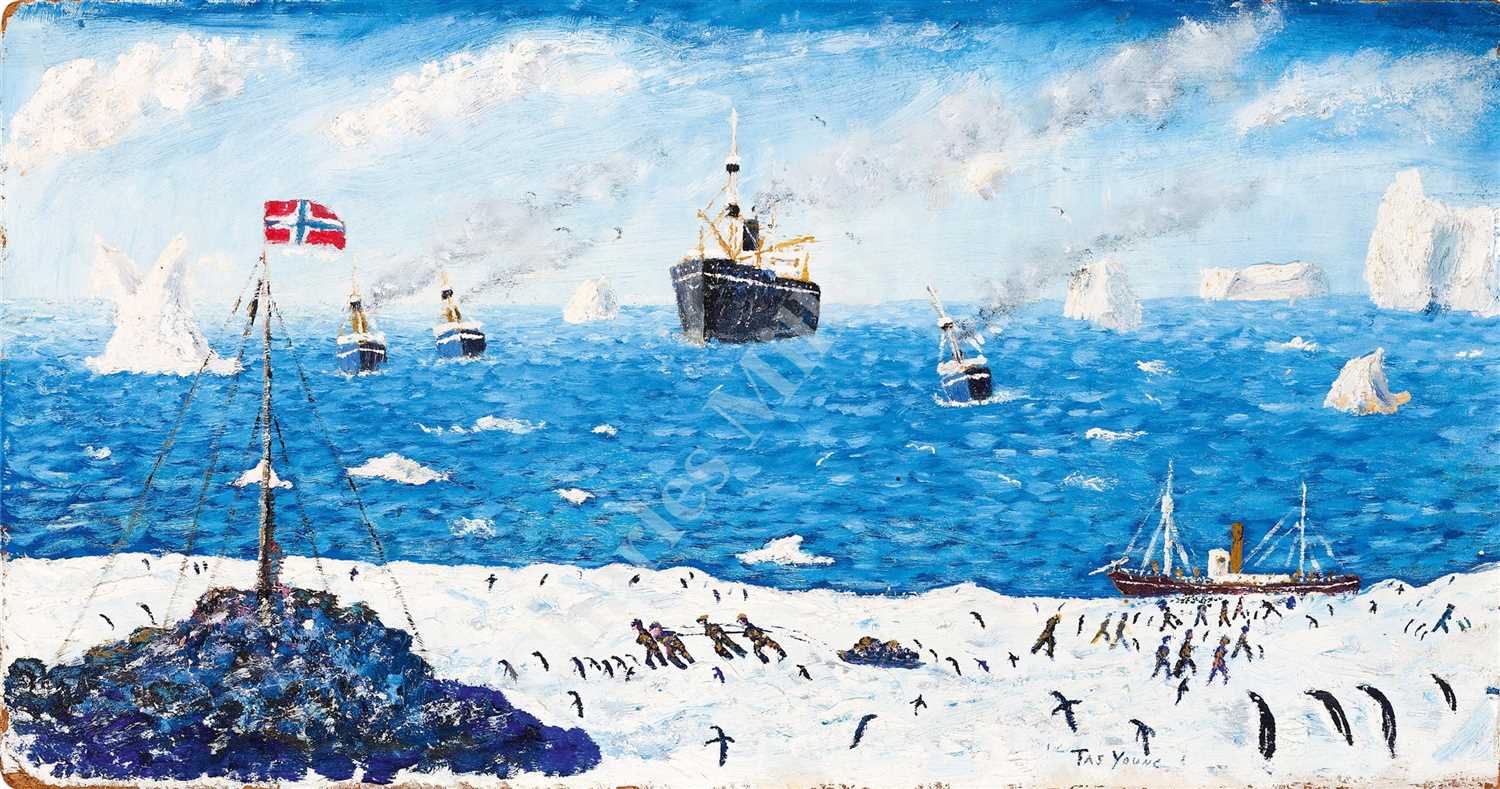 Lot 133 - TASMAN YOUNG, CIRCA 1925 The Antarctic Whaling Fleet from the Icepack, with a coal cairn in foreground