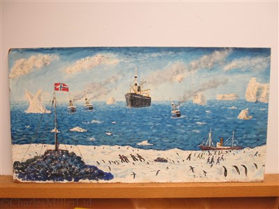 Lot 133 - TASMAN YOUNG, CIRCA 1925 The Antarctic Whaling Fleet from the Icepack, with a coal cairn in foreground