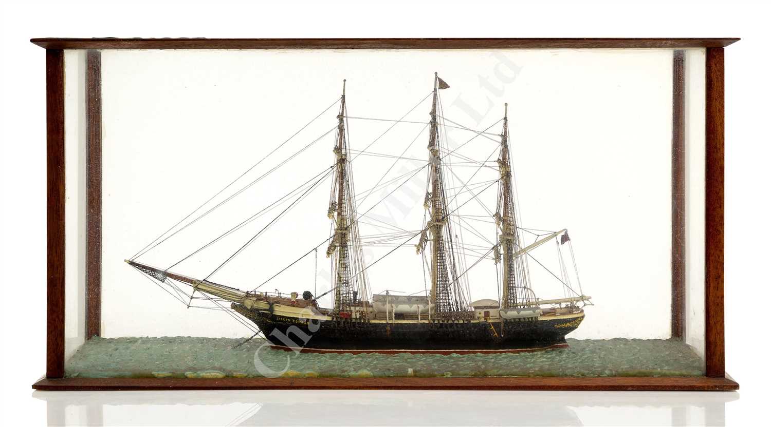 Lot 316 - AN HISTORICALLY INTERESTING SAILOR'S WATERLINE MODEL OF THE SAIL TRAINING SHIP JOSEPH CONRAD, MODELLED DURING HER CIRCUMNAVIGATION, CIRCA 1935