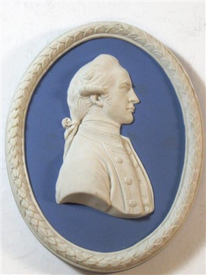 Lot 32 - A MODERN WEDGEWOOD JASPERWARE PLAQUE OF CAPTAIN JAMES COOK: and Endeavour plans