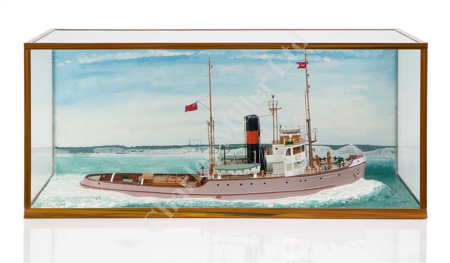 Lot 334 - A WELL PRESENTED WATERLINE MODEL FOR THE TUG RUMANIA, ORIGINALLY BUILT BY CLELENDS SUCCESSORS FOR WILLIAM WATKINS LTD, 1944