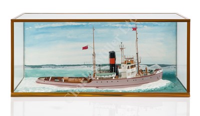 Lot 334 - A WELL PRESENTED WATERLINE MODEL FOR THE TUG RUMANIA, ORIGINALLY BUILT BY CLELENDS SUCCESSORS FOR WILLIAM WATKINS LTD, 1944