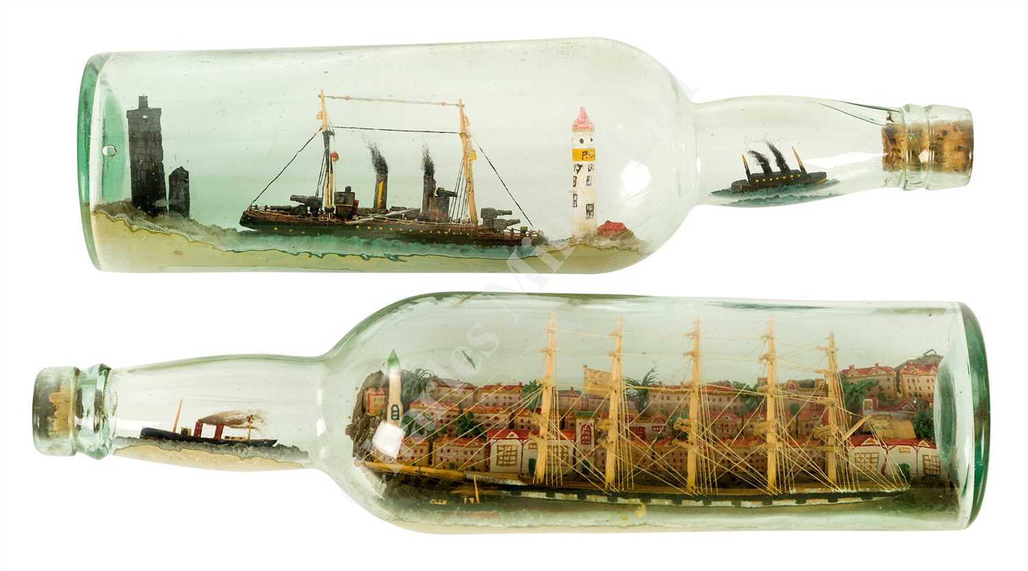 Lot 100 - AN HISTORICALLY INTERESTING PAIR OF SHIPS IN BOTTLES MODELLED BY A GERMAN PRISONER ON THE ISLE OF MAN, 1917