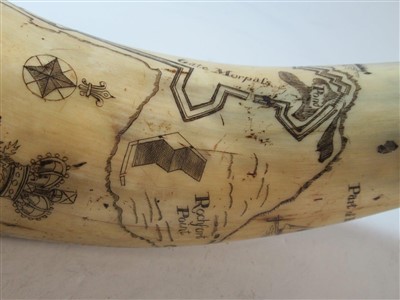 Lot 140 - A SCRIMSHAW DECORATED POWDER HORN, PROBABLY 19TH CENTURY