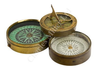 Lot 265 - AN 18TH CENTURY POCKET COMPASS SUNDIAL; and 2 other compasses
