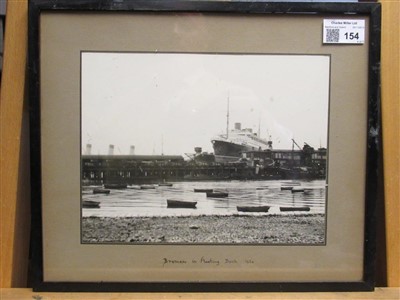 Lot 154 - R. MILSOM (20TH CENTURY) Union Castle Liners from Mayflower Park; a photographs of Bremen and Aquitania in dry dock, the later dated '1940'; and two aerial view of QE2