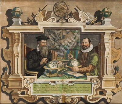 Lot 285 - A COLOURED FRONTISPIECE FROM MERCATOR & HONDIUS'S ATLAS OF 1604